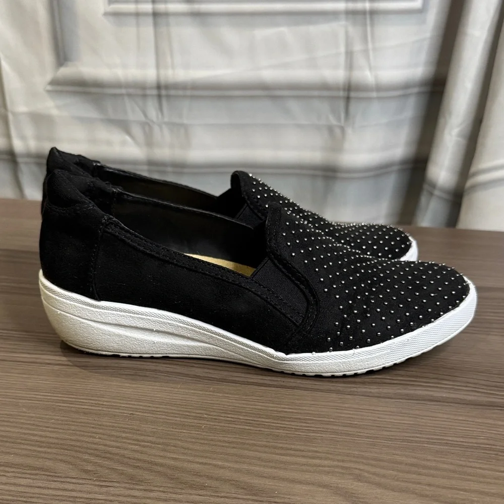 Anne Klein Sport Black Studded Slip-On Wedge Sneakers